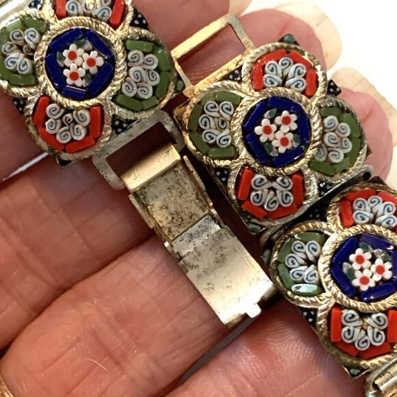 Vintage Italian Micro Mosaic Bracelet Floral Millefiori Glass Link Panel Jewelry - Picture 3 of 16